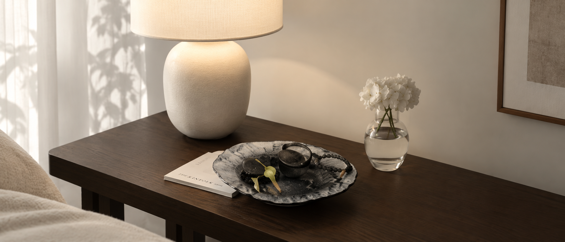 Decorative object shown as part of a quiet interior setting
